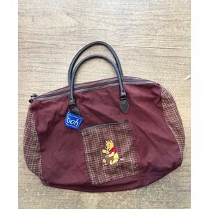Y2K Disney Winnie The Pooh Bear BurgundyPlaid Embroidered Duffle Weekend Bag NWT